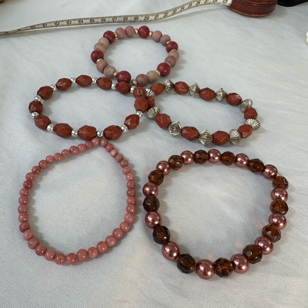 Vintage pink tones and rust tones stretch bead bracelets